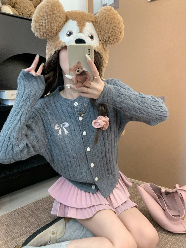 OOTDAY bow knit cardigan, cropped cable sweater, cute preppy cardigan, sweet knitwear for girls, off-white slim fit cardigan