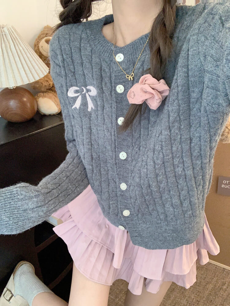 OOTDAY bow knit cardigan, cropped cable sweater, cute preppy cardigan, sweet knitwear for girls, off-white slim fit cardigan