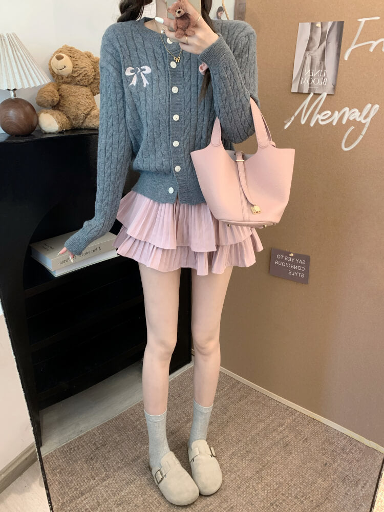 OOTDAY bow knit cardigan, cropped cable sweater, cute preppy cardigan, sweet knitwear for girls, off-white slim fit cardigan
