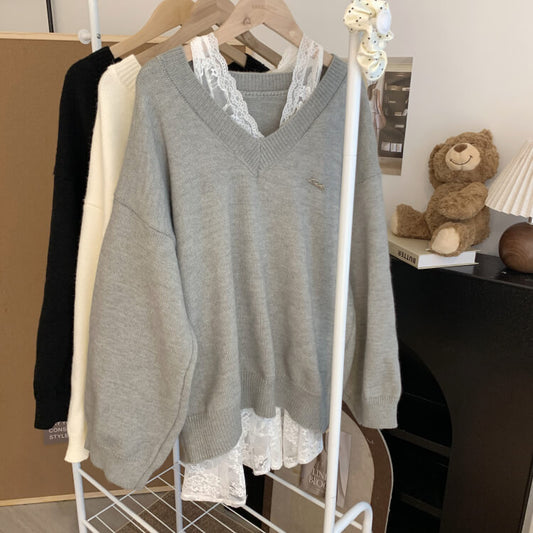 OOTDAY knit sweater set, lace slip dress outfit, V-neck pullover and lace dress, sweet girl spring set, soft aesthetic two-piece outfit