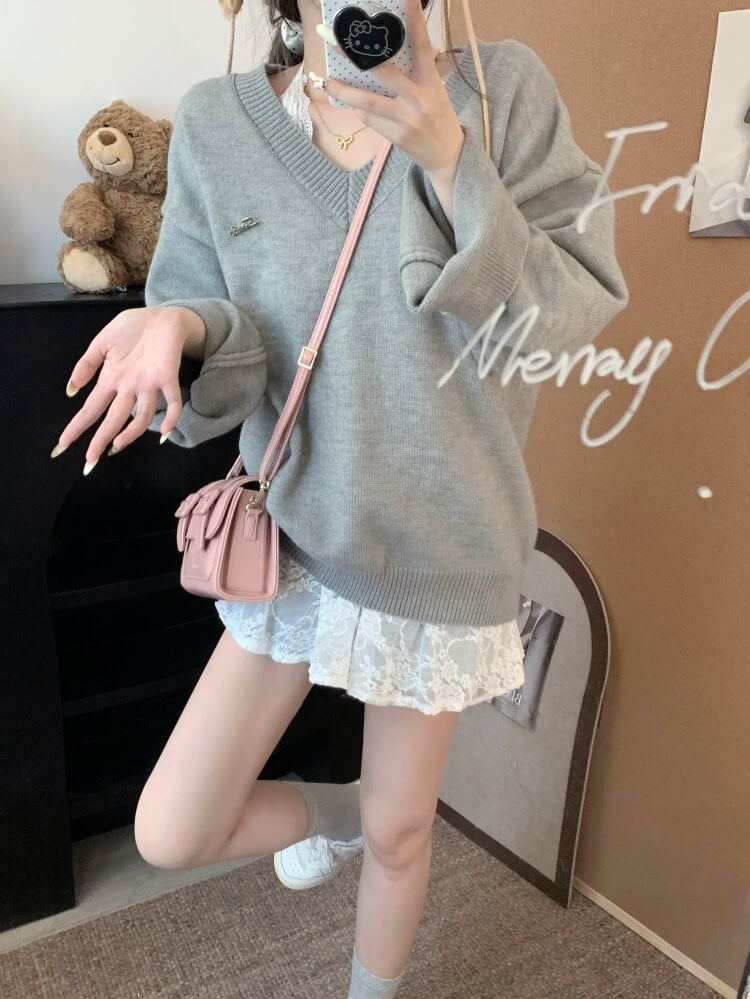 OOTDAY knit sweater set, lace slip dress outfit, V-neck pullover and lace dress, sweet girl spring set, soft aesthetic two-piece outfit