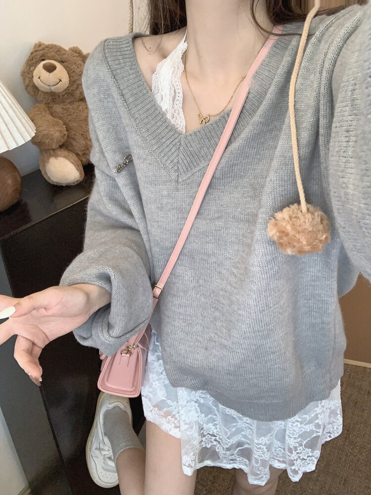 OOTDAY knit sweater set, lace slip dress outfit, V-neck pullover and lace dress, sweet girl spring set, soft aesthetic two-piece outfit
