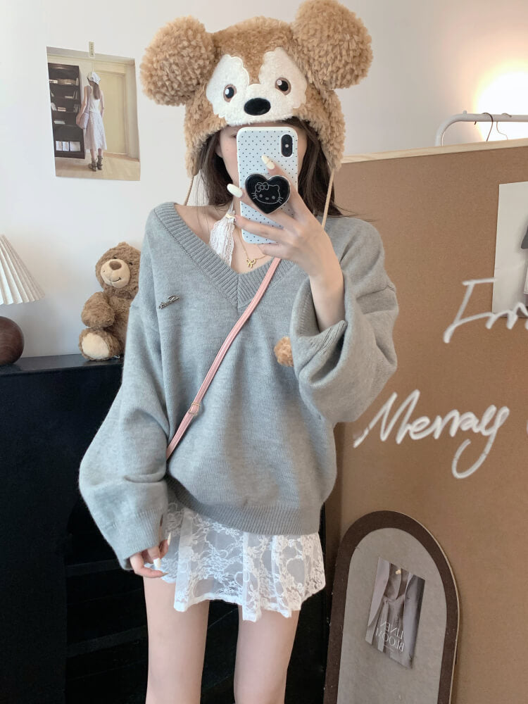 OOTDAY knit sweater set, lace slip dress outfit, V-neck pullover and lace dress, sweet girl spring set, soft aesthetic two-piece outfit