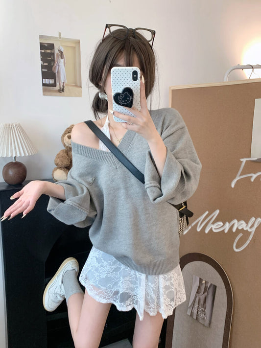 OOTDAY knit sweater set, lace slip dress outfit, V-neck pullover and lace dress, sweet girl spring set, soft aesthetic two-piece outfit