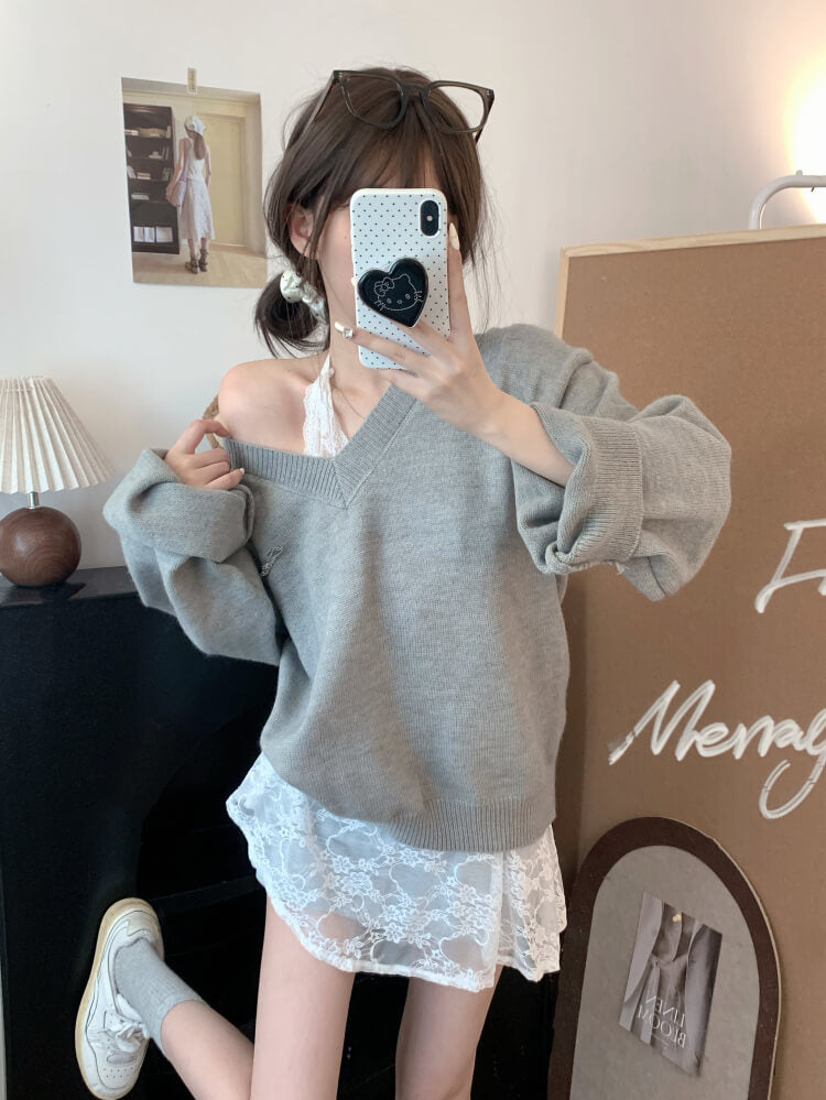 OOTDAY knit sweater set, lace slip dress outfit, V-neck pullover and lace dress, sweet girl spring set, soft aesthetic two-piece outfit