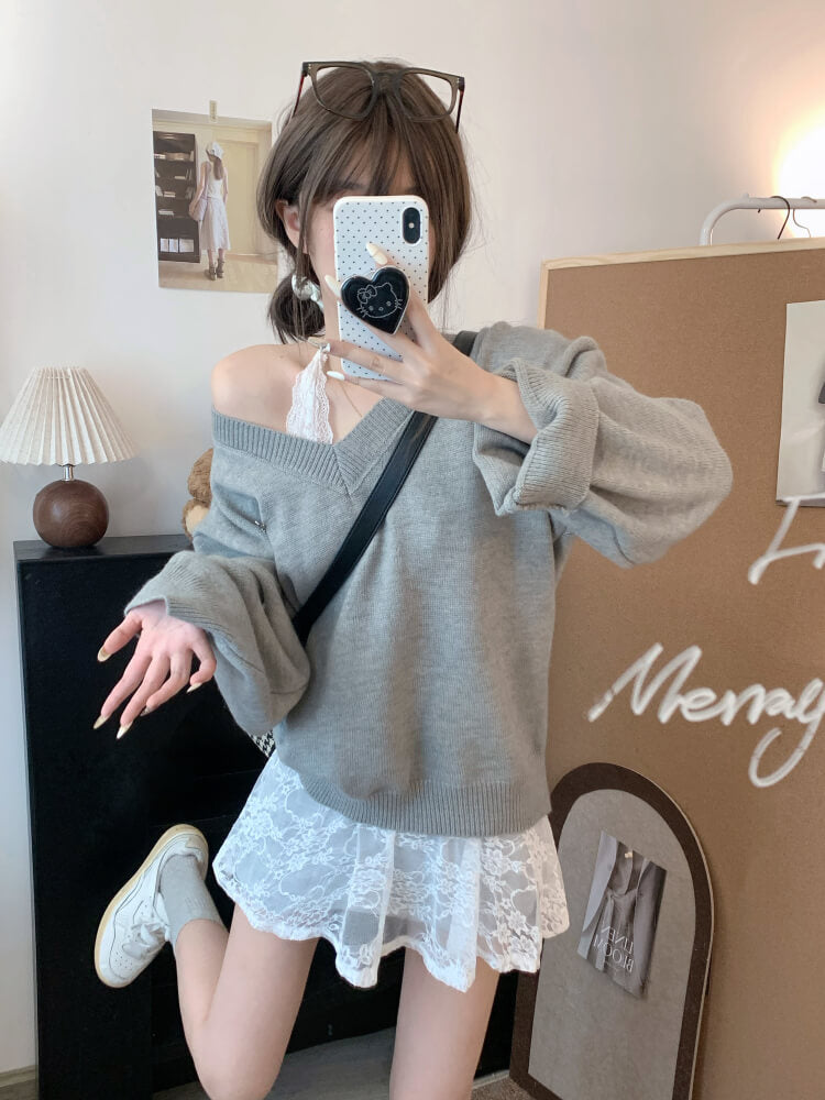 OOTDAY knit sweater set, lace slip dress outfit, V-neck pullover and lace dress, sweet girl spring set, soft aesthetic two-piece outfit