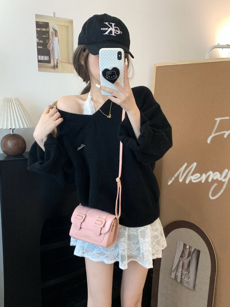 OOTDAY knit sweater set, lace slip dress outfit, V-neck pullover and lace dress, sweet girl spring set, soft aesthetic two-piece outfit