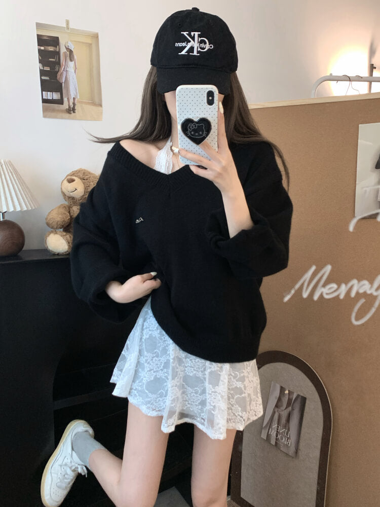 OOTDAY knit sweater set, lace slip dress outfit, V-neck pullover and lace dress, sweet girl spring set, soft aesthetic two-piece outfit