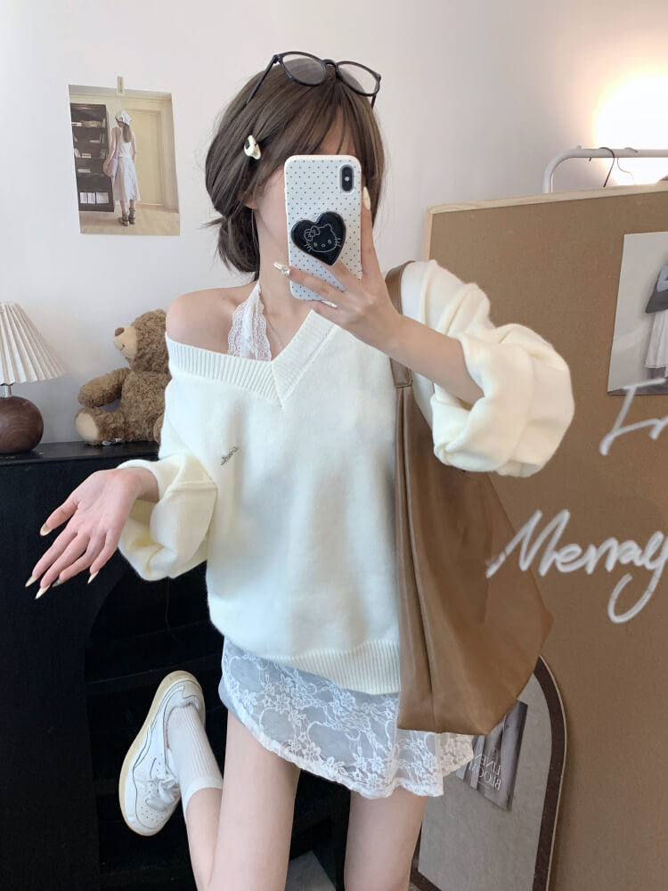 OOTDAY knit sweater set, lace slip dress outfit, V-neck pullover and lace dress, sweet girl spring set, soft aesthetic two-piece outfit