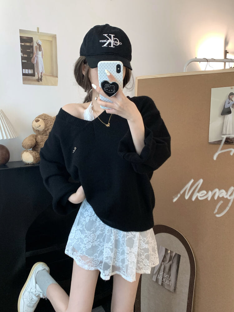 OOTDAY knit sweater set, lace slip dress outfit, V-neck pullover and lace dress, sweet girl spring set, soft aesthetic two-piece outfit