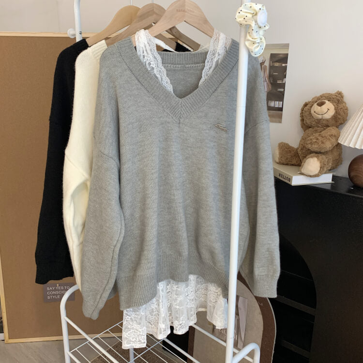 OOTDAY knit sweater set, lace slip dress outfit, V-neck pullover and lace dress, sweet girl spring set, soft aesthetic two-piece outfit