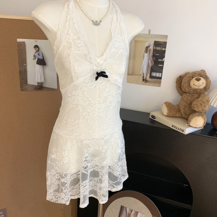 OOTDAY knit sweater set, lace slip dress outfit, V-neck pullover and lace dress, sweet girl spring set, soft aesthetic two-piece outfit
