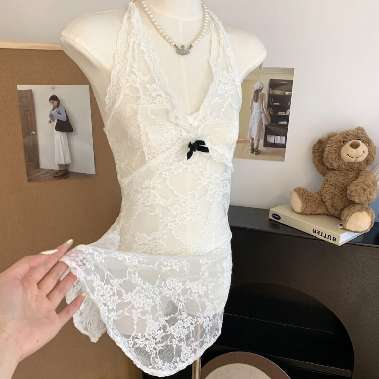 OOTDAY knit sweater set, lace slip dress outfit, V-neck pullover and lace dress, sweet girl spring set, soft aesthetic two-piece outfit