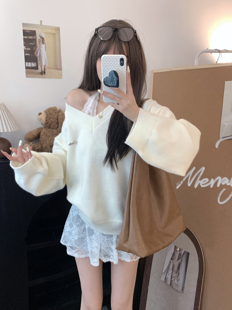 OOTDAY knit sweater set, lace slip dress outfit, V-neck pullover and lace dress, sweet girl spring set, soft aesthetic two-piece outfit