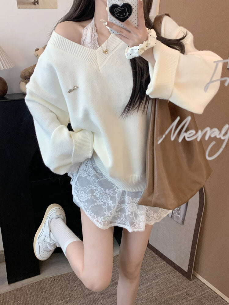 OOTDAY knit sweater set, lace slip dress outfit, V-neck pullover and lace dress, sweet girl spring set, soft aesthetic two-piece outfit