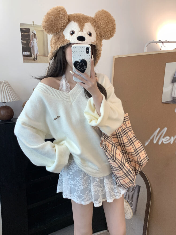 OOTDAY knit sweater set, lace slip dress outfit, V-neck pullover and lace dress, sweet girl spring set, soft aesthetic two-piece outfit