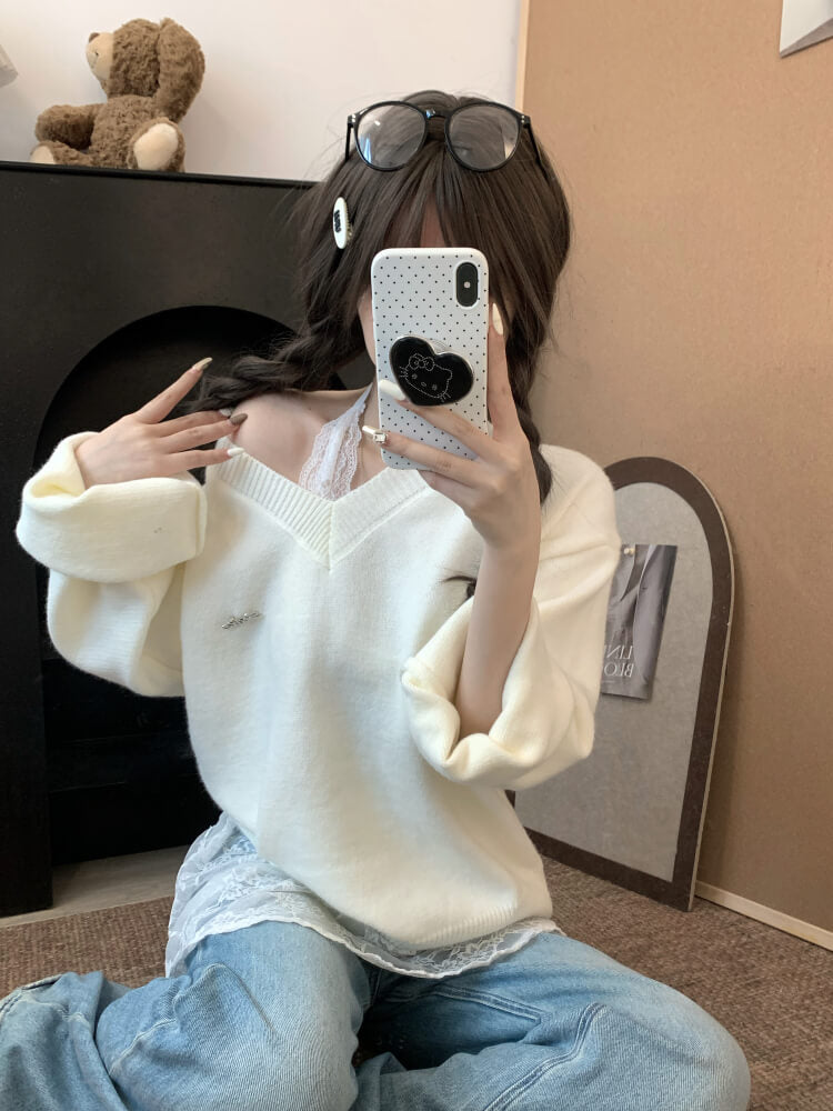 OOTDAY knit sweater set, lace slip dress outfit, V-neck pullover and lace dress, sweet girl spring set, soft aesthetic two-piece outfit
