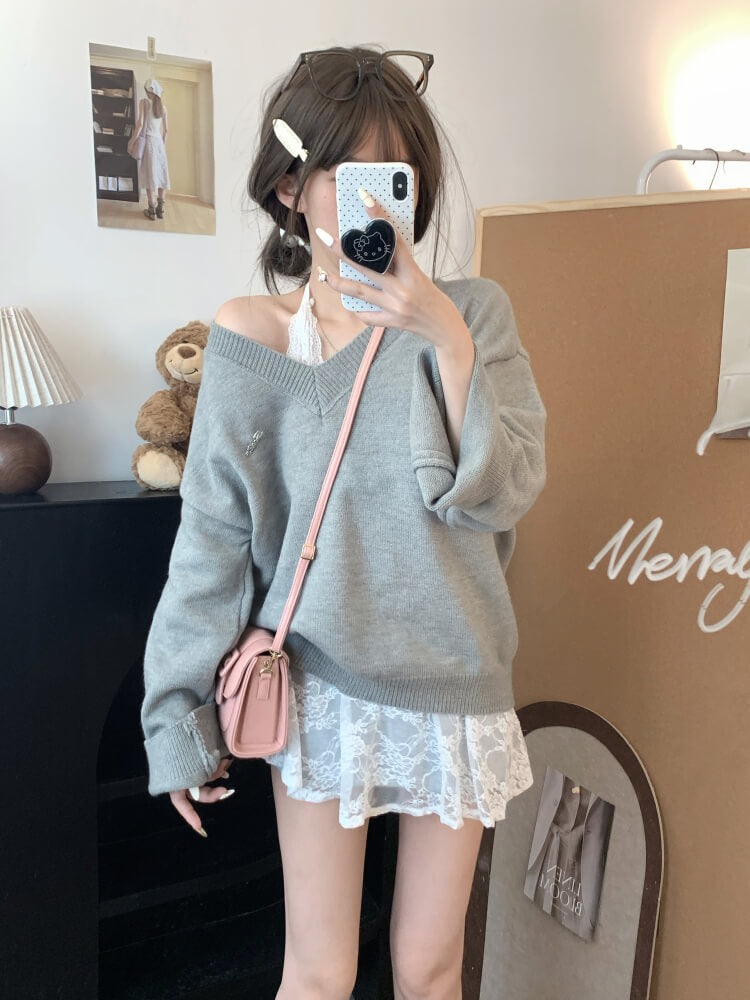 OOTDAY knit sweater set, lace slip dress outfit, V-neck pullover and lace dress, sweet girl spring set, soft aesthetic two-piece outfit