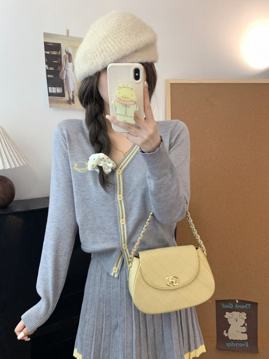 OOTDAY knit skirt set, French cardigan outfit, pleated mini skirt set, V-neck knitwear for girls, sweet style two-piece outfit