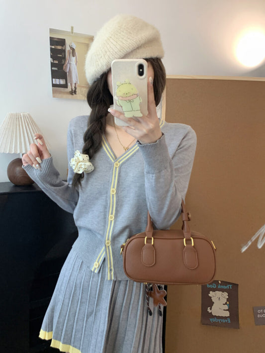 OOTDAY knit skirt set, French cardigan outfit, pleated mini skirt set, V-neck knitwear for girls, sweet style two-piece outfit