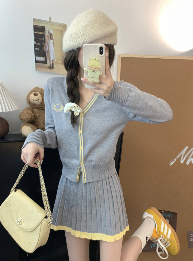 OOTDAY knit skirt set, French cardigan outfit, pleated mini skirt set, V-neck knitwear for girls, sweet style two-piece outfit