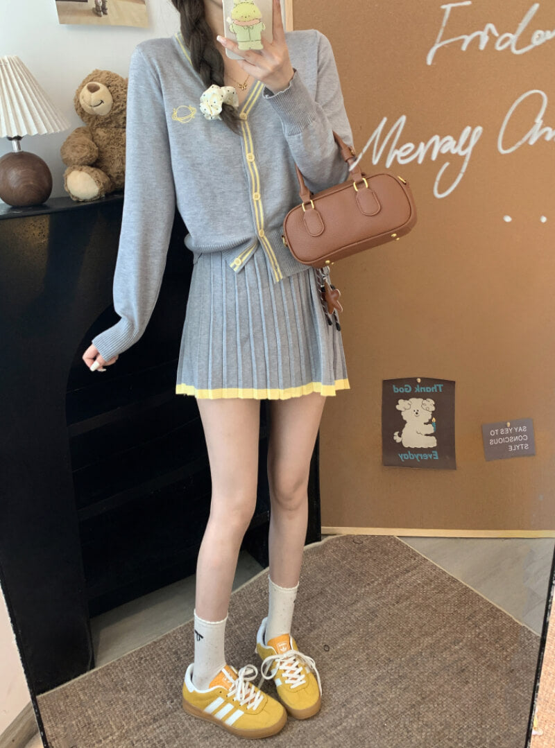OOTDAY knit skirt set, French cardigan outfit, pleated mini skirt set, V-neck knitwear for girls, sweet style two-piece outfit