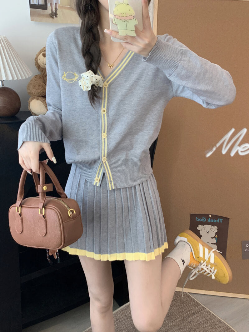 OOTDAY knit skirt set, French cardigan outfit, pleated mini skirt set, V-neck knitwear for girls, sweet style two-piece outfit
