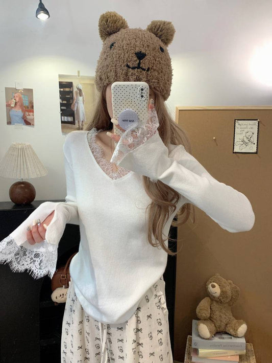 French lace knit top, V-neck pullover for girls, slim fit base layer, soft girl sweater spring, OOTDAY fashion
