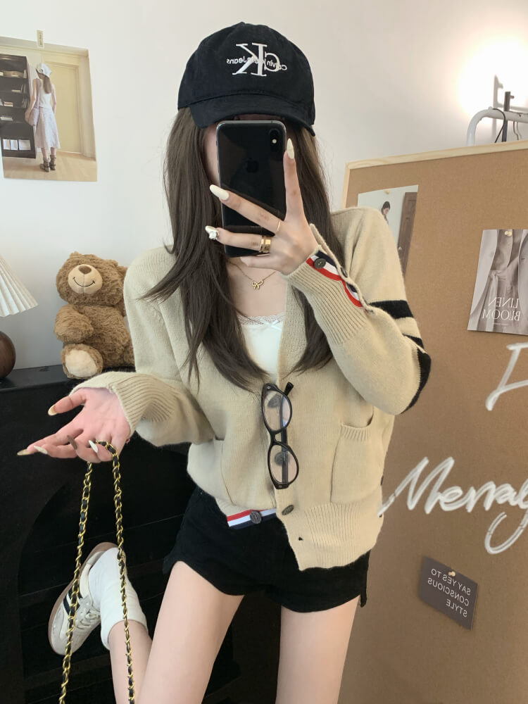 OOTDAY vintage knit cardigan, khaki striped sweater, oversized knit jacket, loose fit fall cardigan, sweet streetwear cardigan