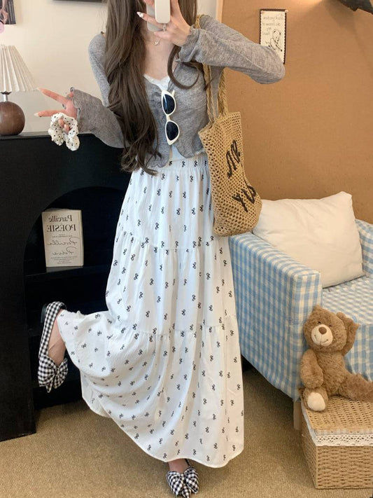 bow print midi skirt, high waist A-line skirt, summer long skirt for women, white flowy skirt with bow print, OOTDAY skirt