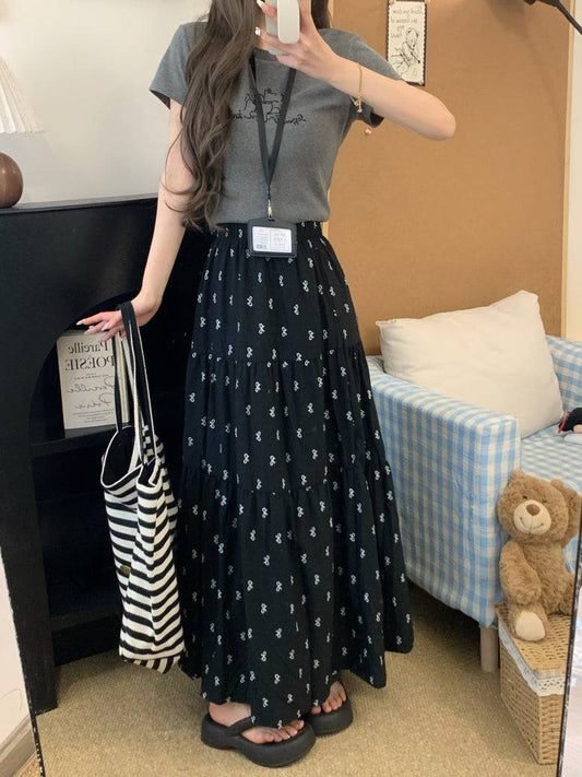 bow print midi skirt, high waist A-line skirt, summer long skirt for women, white flowy skirt with bow print, OOTDAY skirt