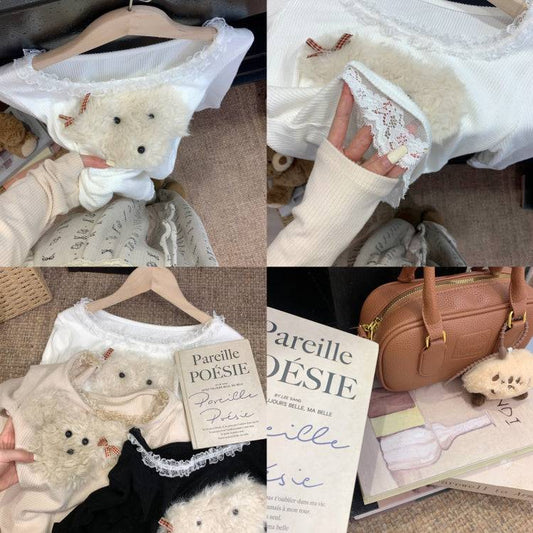 cute puppy knit top, lace trim pullover, soft girl cropped sweater, acetate knit blouse, OOTDAY spring fashion