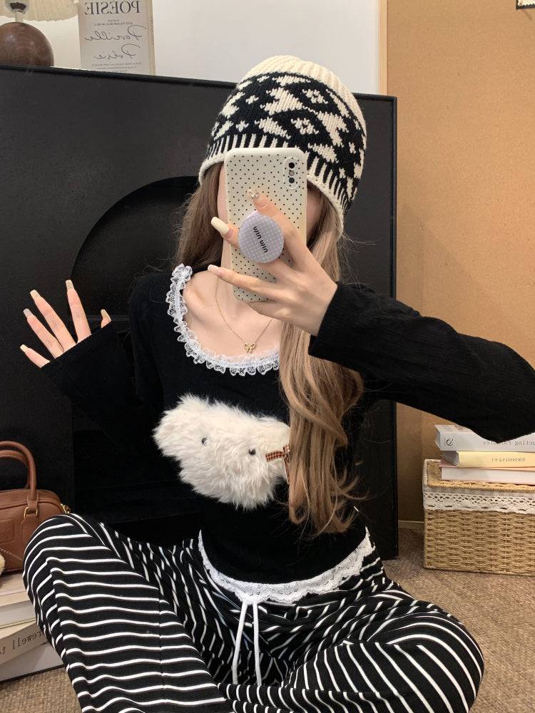 cute puppy knit top, lace trim pullover, soft girl cropped sweater, acetate knit blouse, OOTDAY spring fashion