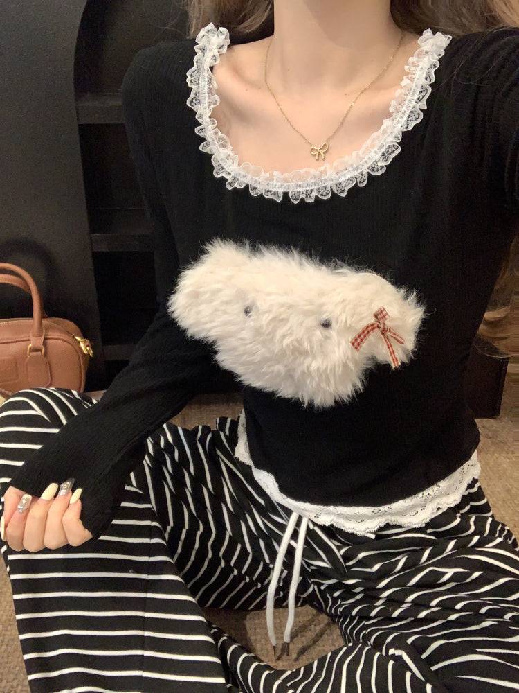 cute puppy knit top, lace trim pullover, soft girl cropped sweater, acetate knit blouse, OOTDAY spring fashion