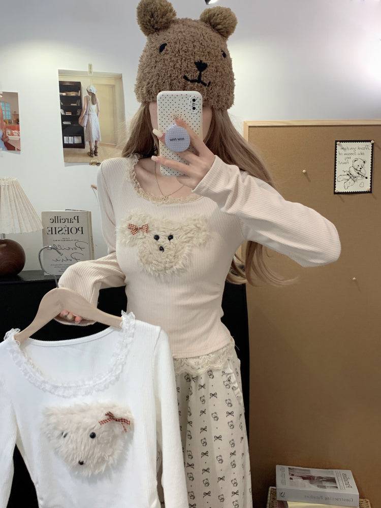 cute puppy knit top, lace trim pullover, soft girl cropped sweater, acetate knit blouse, OOTDAY spring fashion