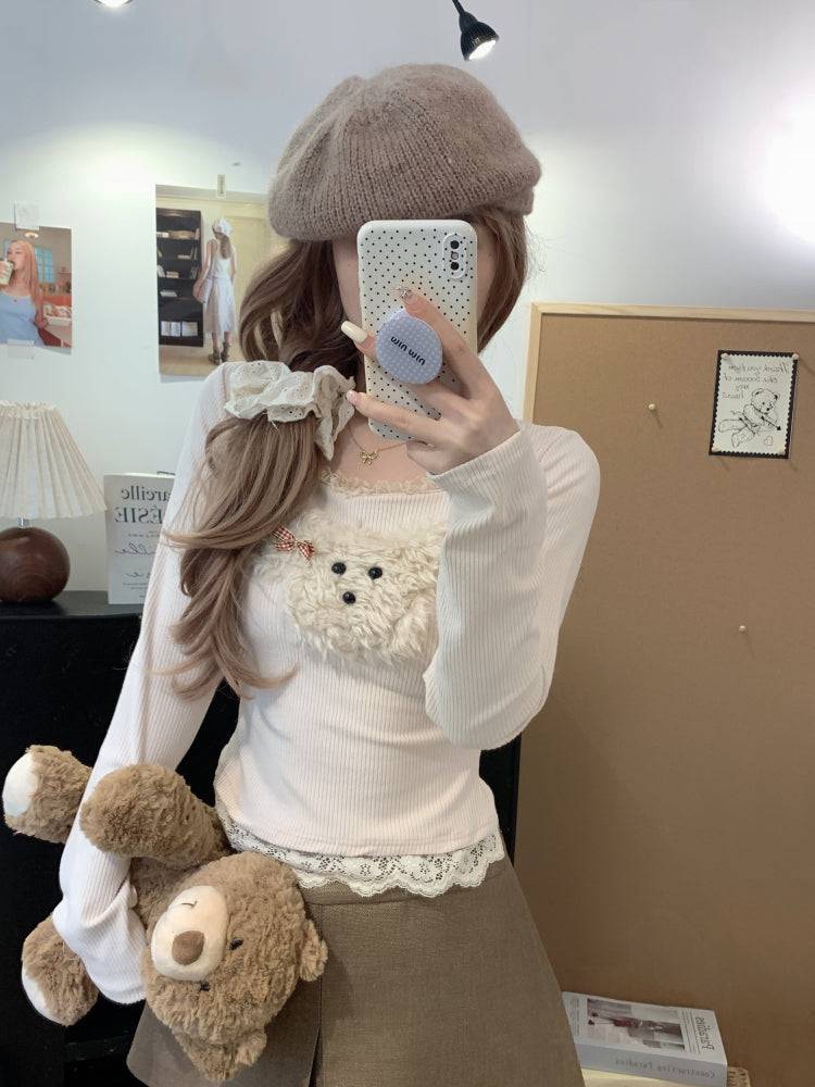cute puppy knit top, lace trim pullover, soft girl cropped sweater, acetate knit blouse, OOTDAY spring fashion