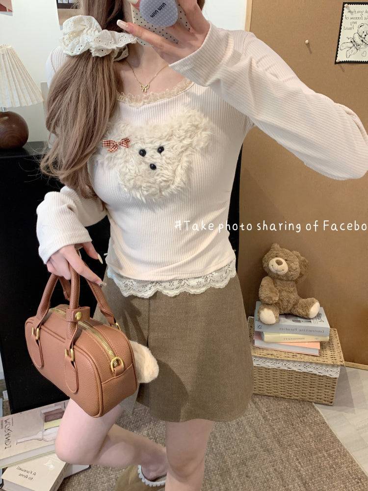 cute puppy knit top, lace trim pullover, soft girl cropped sweater, acetate knit blouse, OOTDAY spring fashion