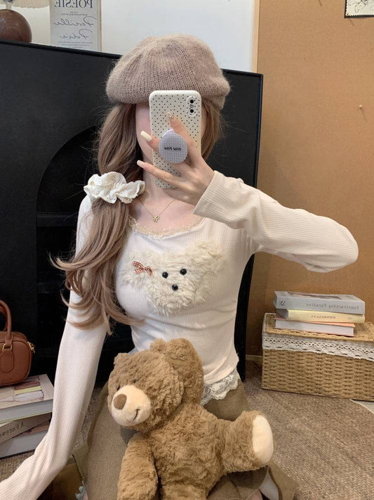 cute puppy knit top, lace trim pullover, soft girl cropped sweater, acetate knit blouse, OOTDAY spring fashion