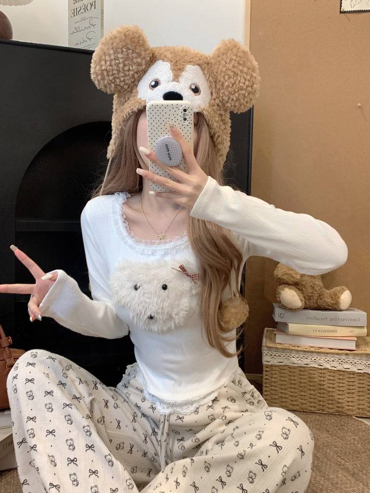 cute puppy knit top, lace trim pullover, soft girl cropped sweater, acetate knit blouse, OOTDAY spring fashion