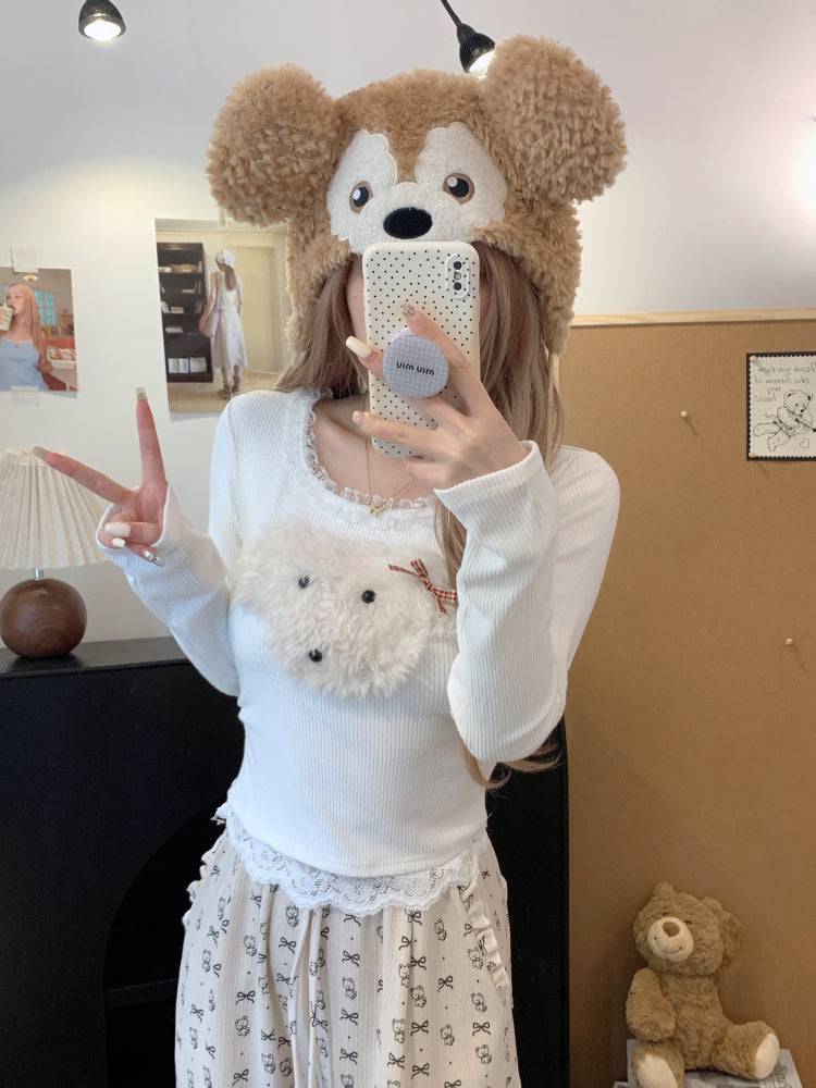 cute puppy knit top, lace trim pullover, soft girl cropped sweater, acetate knit blouse, OOTDAY spring fashion