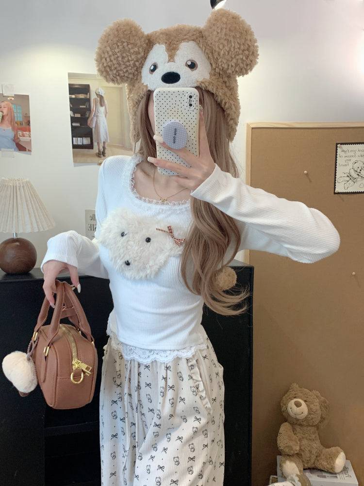 cute puppy knit top, lace trim pullover, soft girl cropped sweater, acetate knit blouse, OOTDAY spring fashion