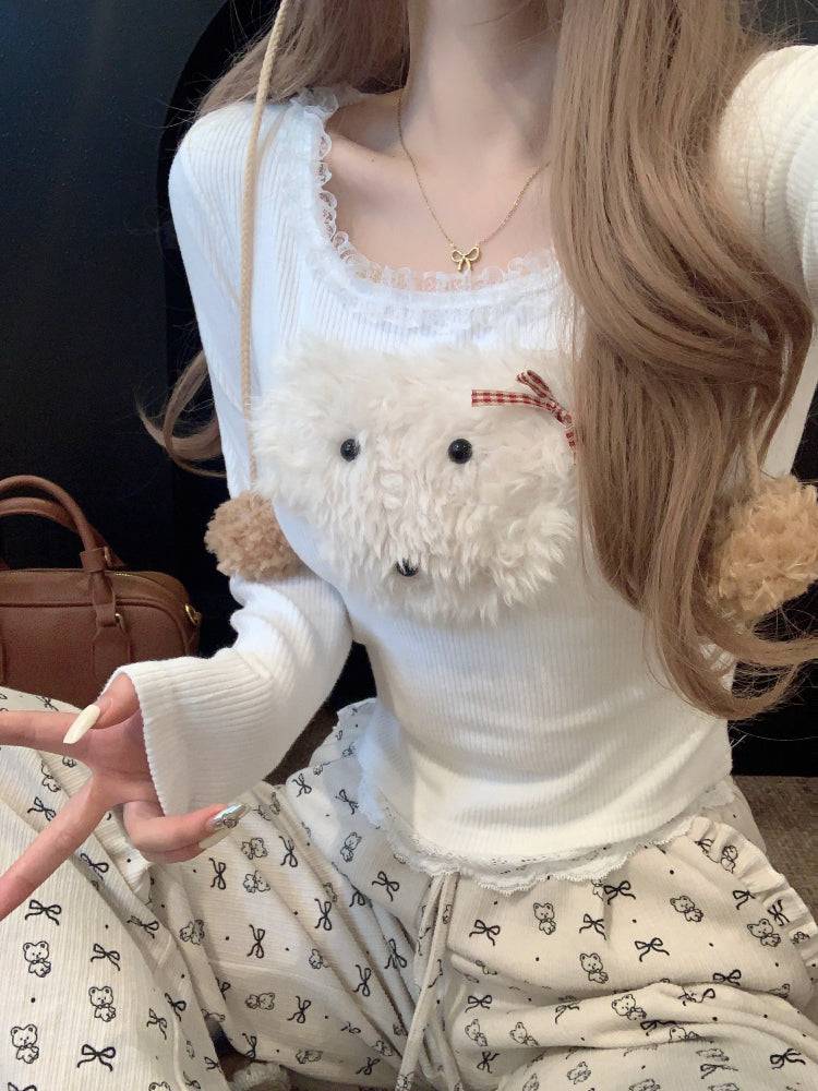 cute puppy knit top, lace trim pullover, soft girl cropped sweater, acetate knit blouse, OOTDAY spring fashion