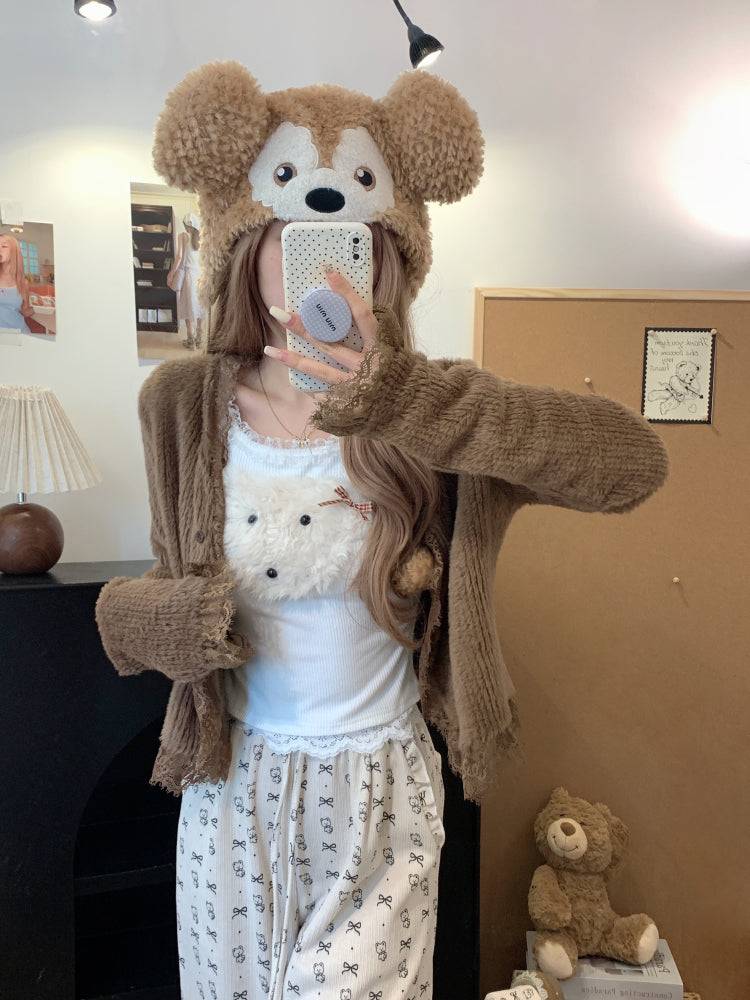 cute puppy knit top, lace trim pullover, soft girl cropped sweater, acetate knit blouse, OOTDAY spring fashion