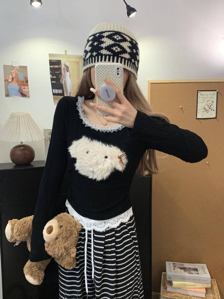 cute puppy knit top, lace trim pullover, soft girl cropped sweater, acetate knit blouse, OOTDAY spring fashion