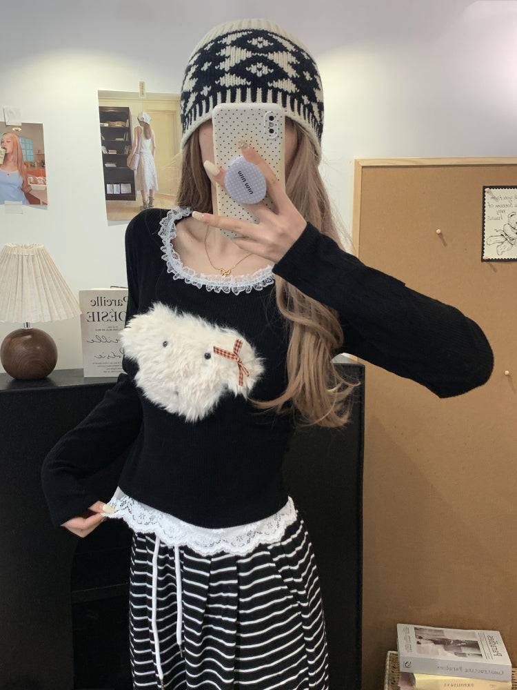 cute puppy knit top, lace trim pullover, soft girl cropped sweater, acetate knit blouse, OOTDAY spring fashion