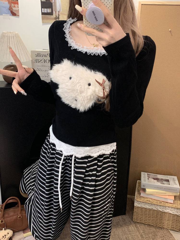 cute puppy knit top, lace trim pullover, soft girl cropped sweater, acetate knit blouse, OOTDAY spring fashion