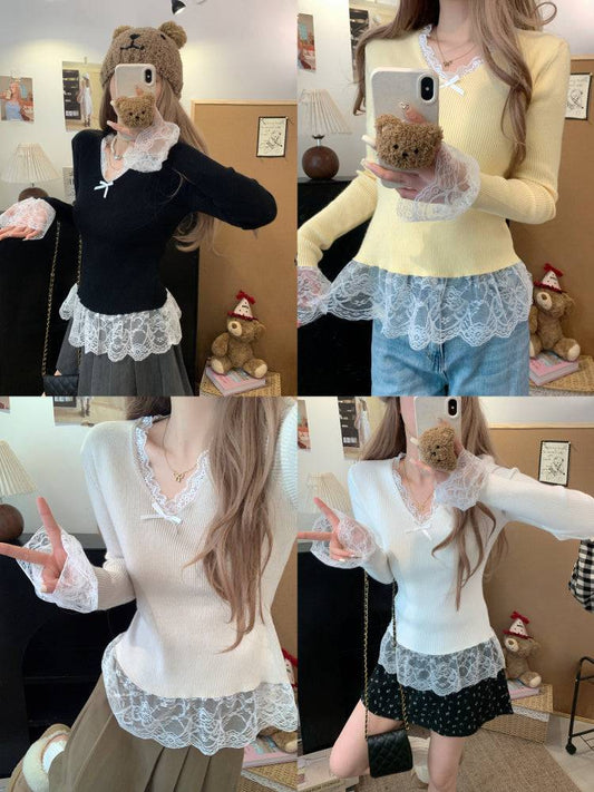 Lace v-neck knit top, slim fit pullover for girls, bow detail sweater, sweet soft girl top, spring knitwear OOTDAY