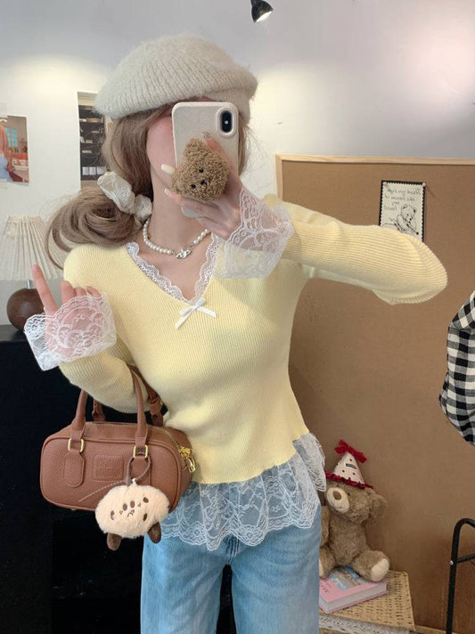 Lace v-neck knit top, slim fit pullover for girls, bow detail sweater, sweet soft girl top, spring knitwear OOTDAY