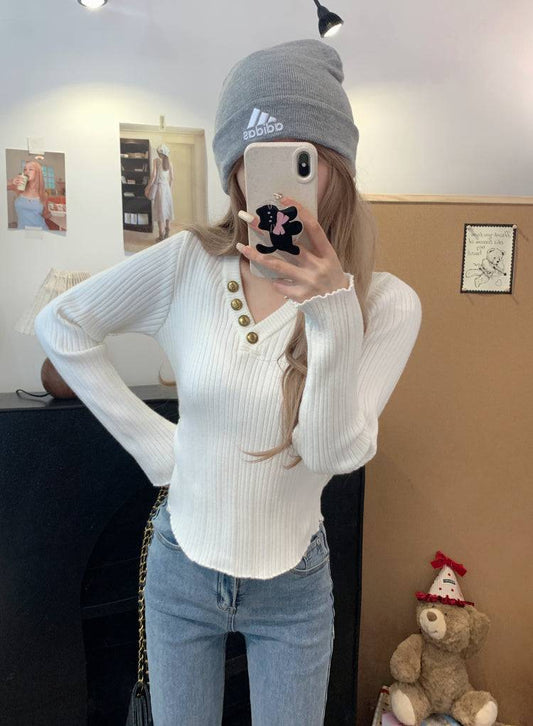 V-neck button knit top, slim fit long sleeve sweater for girls, winter base layer top, sweet soft-girl knit pullover, OOTDAY slim knitwear for women