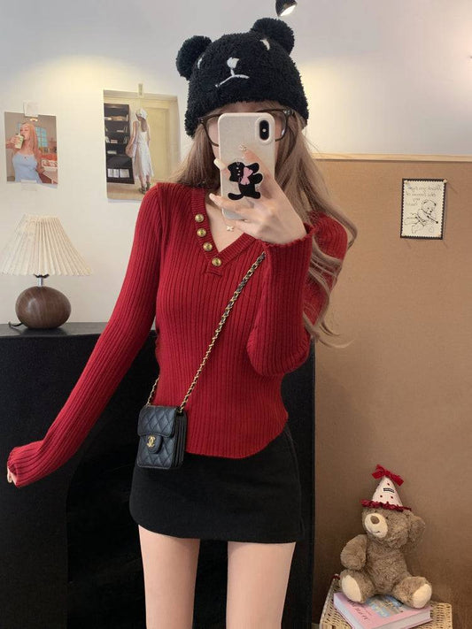 V-neck button knit top, slim fit long sleeve sweater for girls, winter base layer top, sweet soft-girl knit pullover, OOTDAY slim knitwear for women